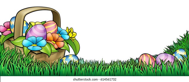 An Easter Background Border Frame Footer Of A Basket Hamper And Easter Eggs In A Spring Field Of Grass And Flowers