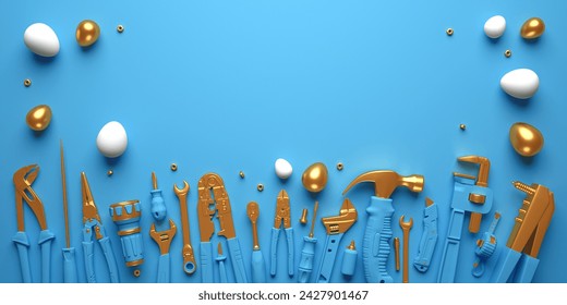 Easter background with construcrion tools. 3d render illustration on engineering, construction, interior finishing, repair and maintenance theme.