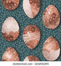 Easter background. Decorated eggs and small flowers seamless pattern. Natural brown, Golden tones of egg shell. Chocolste and Gold Foil details. World egg day. Egg hunt event - Powered by Shutterstock