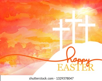 Easter background design of three white crosses on watercolor sunrise background with Happy Easter typography written in orange and gold, Religious Christian holiday design