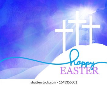 Easter background design of three white crosses on watercolor blue sunrise background with Happy Easter typography written in blue and purple, Religious Christian holiday design