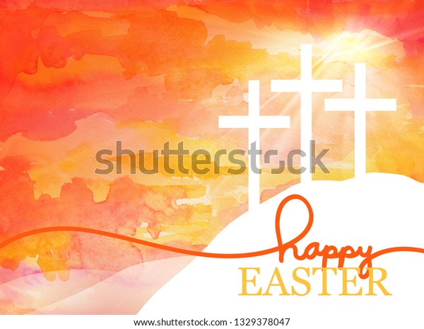 Easter background\
design of three white crosses on watercolor sunrise background with\
Happy Easter typography written in orange and gold, Religious\
Christian holiday\
design