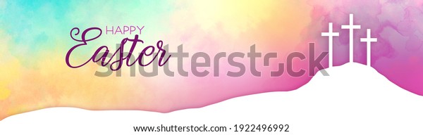 Easter background\
design of three white crosses on watercolor sunrise background with\
Happy Easter typography written in orange and gold, Religious\
Christian holiday\
design