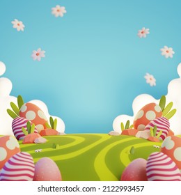 Easter background with Easter eggs. Low poly cartoon landscape background. 3d rendering.