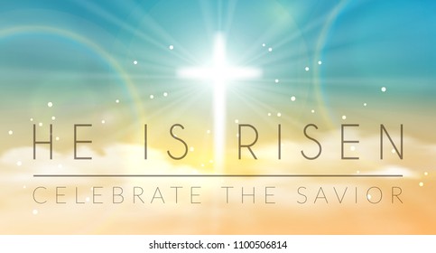 Easter banner with text 'He is risen', shining across and heaven with white clouds. Raster version illustration background. - Powered by Shutterstock