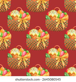 Easter basket seamless pattern hand drawn watercolor. Colored eggs. Traditional sweet bread with icing. Bow. Illustration background for fabric and packaging.