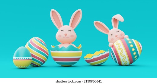 Easter bunny with colorful easter eggs on blue backgound,happy easter holiday concept.minimal style,3d rendering.