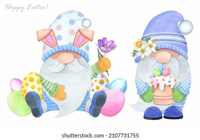 Easter Bunny with colorful eggs and sweets. Cute gnomes on a white background. Watercolor illustration.