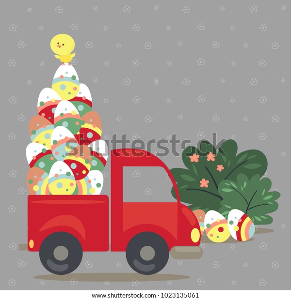 Easter bunny drive car with truck full of\
decorated eggs, happy holiday greeting card, spring green bush and\
auto isolated\
illustration