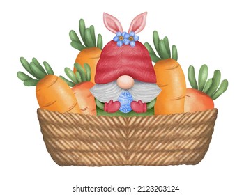 Easter Bunny Gnome And Carrot In Basket Watercolor Clipart With Clipping Path