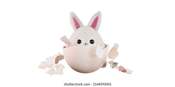 Easter bunny hiding in an egg, 3d render. Rabbit is sitting in a broken egg, isolated on a white background