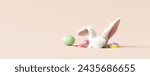 Easter bunny peeking out of a hole on cream color background. 3d rendering