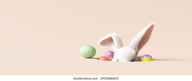 Conejito de Pascua asomándose fuera de un agujero en el fondo de color crema. representación 3d