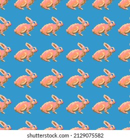 Easter bunny pixel art seamless pattern on blue background, Sitting little rabbit side view digital computer game pixel style backdrop for Easter decoration, wrapping paper