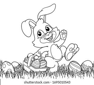 Easter bunny rabbit cartoon character holding basket full painted Easter eggs in field grass  In black   white outline 