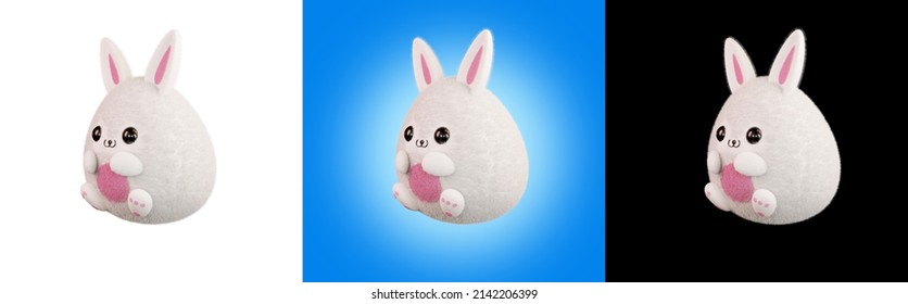 Easter Bunny, Side View. 3d Render. Furry Kawaii Rabbit Isolated On A White Background. Design Element For Easter