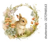 Easter bunny watercolor baby rabbit spring flowers on the white isolated background. 