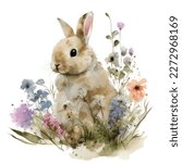 Easter bunny watercolor baby rabbit spring flowers on the white isolated background. 