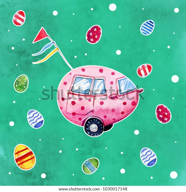 Easter car in the form of egg on green background\
with eggs - watercolor hand drawn illustration for cards, banners\
and poters
