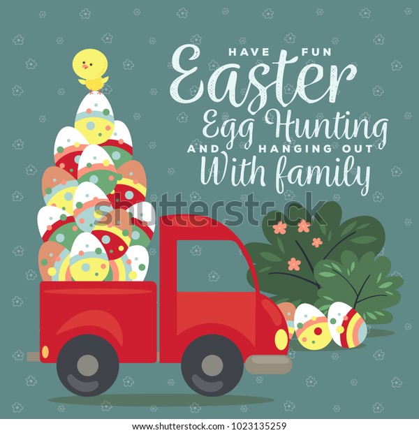 Easter car with truck full of decorated\
eggs, , happy holiday greeting card, cute little spring chicken\
hunter isolated\
illustration.