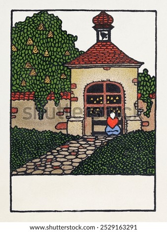 Easter Card (1908) print in high resolution by Otto Friedrich Carl Lendecke. Vintage Easter Card chromolithograph illustration, old card of a house art, Easter Card art print.
