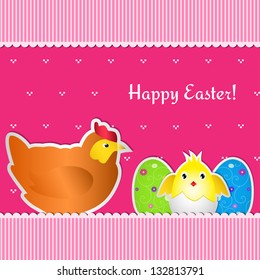 Easter card with chicken, chick and two eggs, cut out of paper. Raster version.