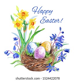 Easter card with the inscription "Happy Easter!" bird's nest, eggs, daffodils and Scilla (eastern camas), watercolor illustration on a white background.