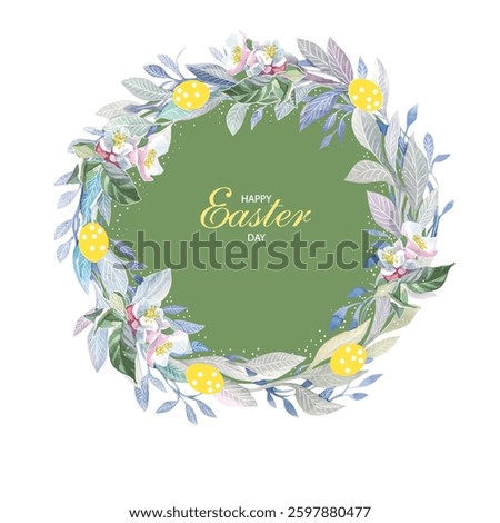 easter card with text place in circle frame flowers apple tree and green leaves