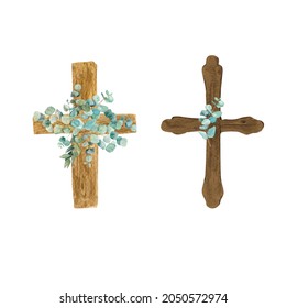 Easter Catholic Wooden Crosses, Watercolor Illustration On White Background, Isolated Image. For Communion