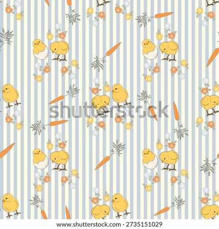 Easter Chick Seamless Pattern, Cute Yellow Baby Chicks with Carrots and Flowers, Blue Stripe Nursery Fabric, Vintage Spring Digital Paper, Farm Animal Illustration, Kids Textile Design, Scrapbook Paper, Seamless Repeat Download