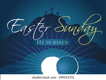 Easter christian motive, invitation to an Easter Sunday service with text He is risen on a background of rolled away from the tomb stone of Calvary. Easter sunday holy week calvary tomb flyer