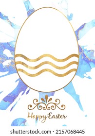 Easter Color Egg. Easter Alcohol Ink. Gold Watercolor paint. Aquamarine Spill. Motley pattern. Delicate color. Original Abstract Card. Minimalistic Gift Card. Alcohol Background.