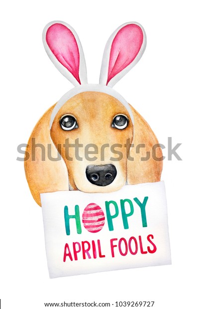 エイプリル フールの日のイラストと組み合わせたイースター かわいい子犬は 紙にフレーズのついたバニーの鉢巻きに身を包み ホッピー エイプリルフールズ 白い背景に手描きの水彩 分離型 のイラスト素材