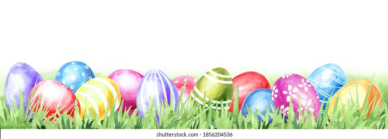 Easter Concept card template, frame and border. Colored eggs in the green grass, Hand drawn watercolor illustration isolated on white background