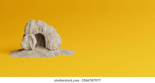 Easter Concept. Empty Tomb of Jesus Christ with Rolled Away Stone Near the Entrance to the Cave on a yellow background. 3d Rendering