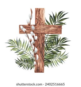 Easter cross with catkins on wooden background, palm sunday religious concept abstract. Willow twigs and palm leaves composition. For design. religious, flyer, template - Powered by Shutterstock