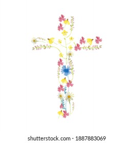 Easter Cross Made Of Watercolor Flowers Isolated On A White Background