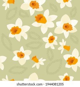 Easter daffodils seamless pattern, light yellow and orange tones on green