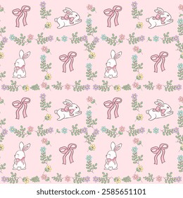 Easter Day Seamless Pattern - Repeatable design featuring cute Easter bunnies with bows, perfect for Easter projects and decorations.