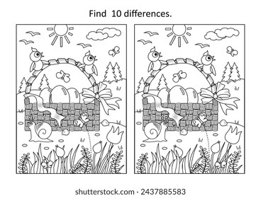 Easter difference game and coloring page. Beautiful basket with eggs, fresh grass and flowers, young birds, butterflies, snail, tulips.
