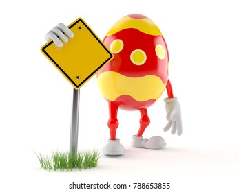Easter egg character with blank road sign isolated on white background. 3d illustration