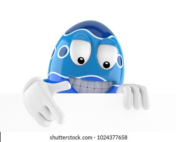 Easter egg character pointing on white background. 3d illustration