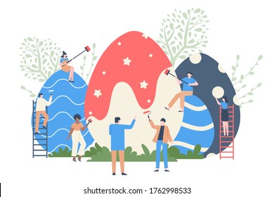 Easter Egg Colouring. Spring Event Eggs Decorating, Characters Paint Huge Easter Eggs, Spring Holiday Colorful Chocolate Egg  Illustration. Easter Spring Event, Egg Decoration For Holiday