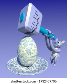 Easter egg cracking test 3D illustration. A bunny character testing decorated egg strength using hammer. Blue gradient background. Cartoon. Collection.