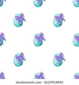 Easter egg decorated with a bow. Seamless pattern hand drawn watercolor. Religious tradition. Candy hunt. Purple ribbon tied in a knot. Illustration background for fabric and packaging.
