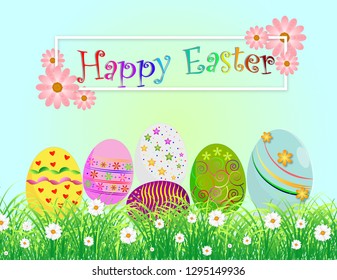 Easter egg in the grass with blurry sky design  for greeting card and ad