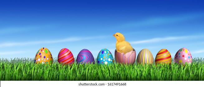 Easter Egg Hunt Surprise As A Yellow Chick And Decorated Eggs With A Baby Bird Inside An Open Decorated Egg Shell On A Blue Background With 3D Illustration Elements.