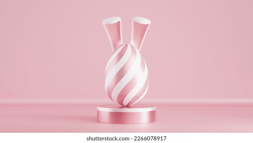 Easter egg in rabbit ears on a round pedestal podium. Pink background 3d rendering - Powered by Shutterstock