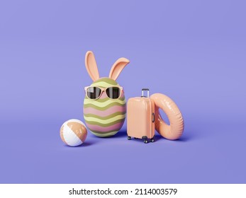 easter egg with sunglasses and bunny ears with travel accessories. 3d rendering
