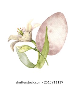 Easter egg with white lilies composition. Lily Christian symbol watercolor illustration isolated. Easter floral arrangement hand drawn in soft color. Design for Happy Easter greeting card, package. - Powered by Shutterstock